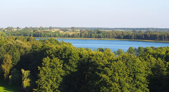 widok z wieży zegarowej w Wigrach - pofałdowane brzegi nad jeziorem Wigry