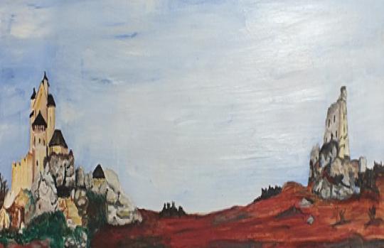 Legenda o bliźniaczych zamkach, zamek Bobolice i ruiny zamku Mirów - obraz olejny autorstwa Awich