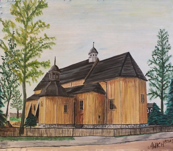 Pieranie - drewniany kościół św. Mikołaja - obraz olejny autorstwa Awich