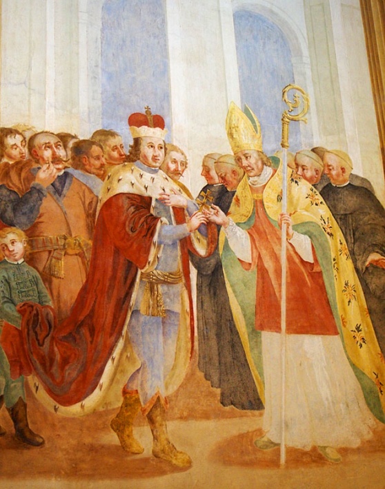książę Emeryk przekazuje relikwie Krzyża Świętego biskupowi krakowskiemu Lambertowi, z prośbą o pozostawienie ich w klasztorze na Łysej Górze
