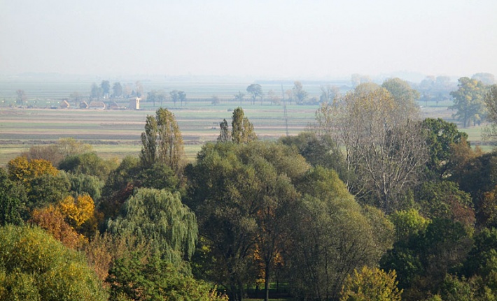 Łęczyca - widok w kierunku wschodnim, park im. J. Piłsudskiego, w oddali skansen powstający w Kwiatkówku