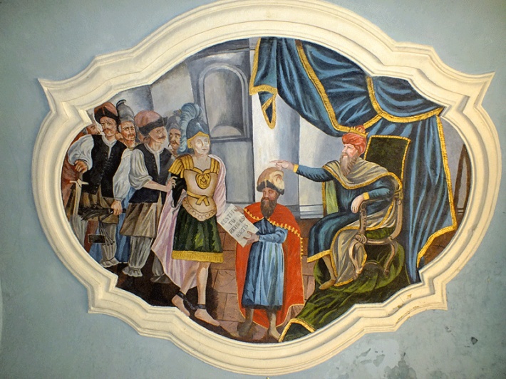 Bazylika Świętej Trójcy w Strzelnie - sklepienie przedsionka kaplicy św. Restytuta, skazanie świętego na śmierć