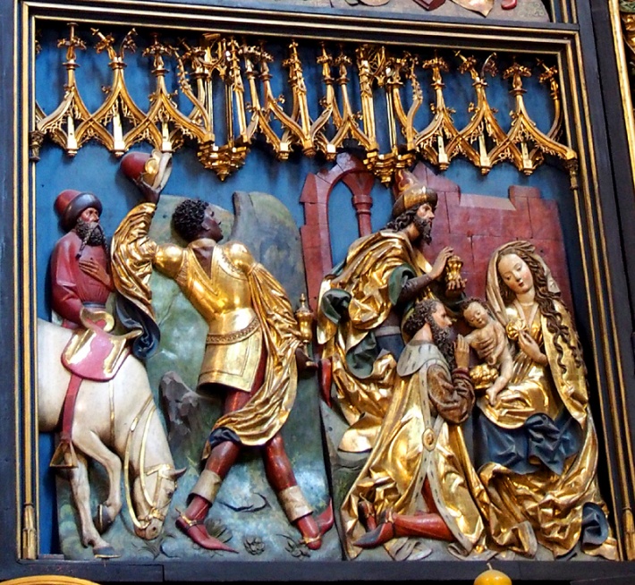 kościół Mariacki w Krakowie - ołtarz Mariacki, scena Pokłonu Trzech Króli