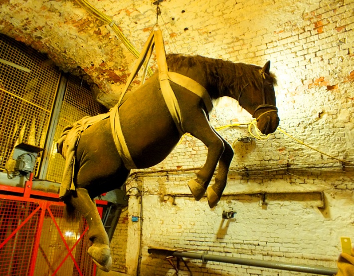 Kopalnia Guido w Zabrzu - sposób opuszczania do kopalni koni, które niegdyś w niej pracowały